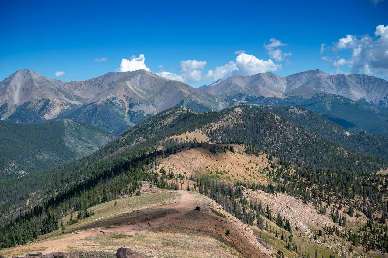 Colorado Front Range peaks under blue skies near the campground
